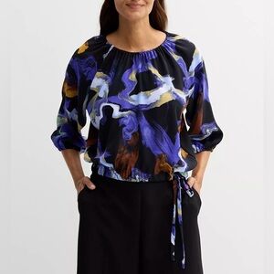 New NWT Nine West Cinched Waist Top blue multi marble small 3/4 sleeve blouse